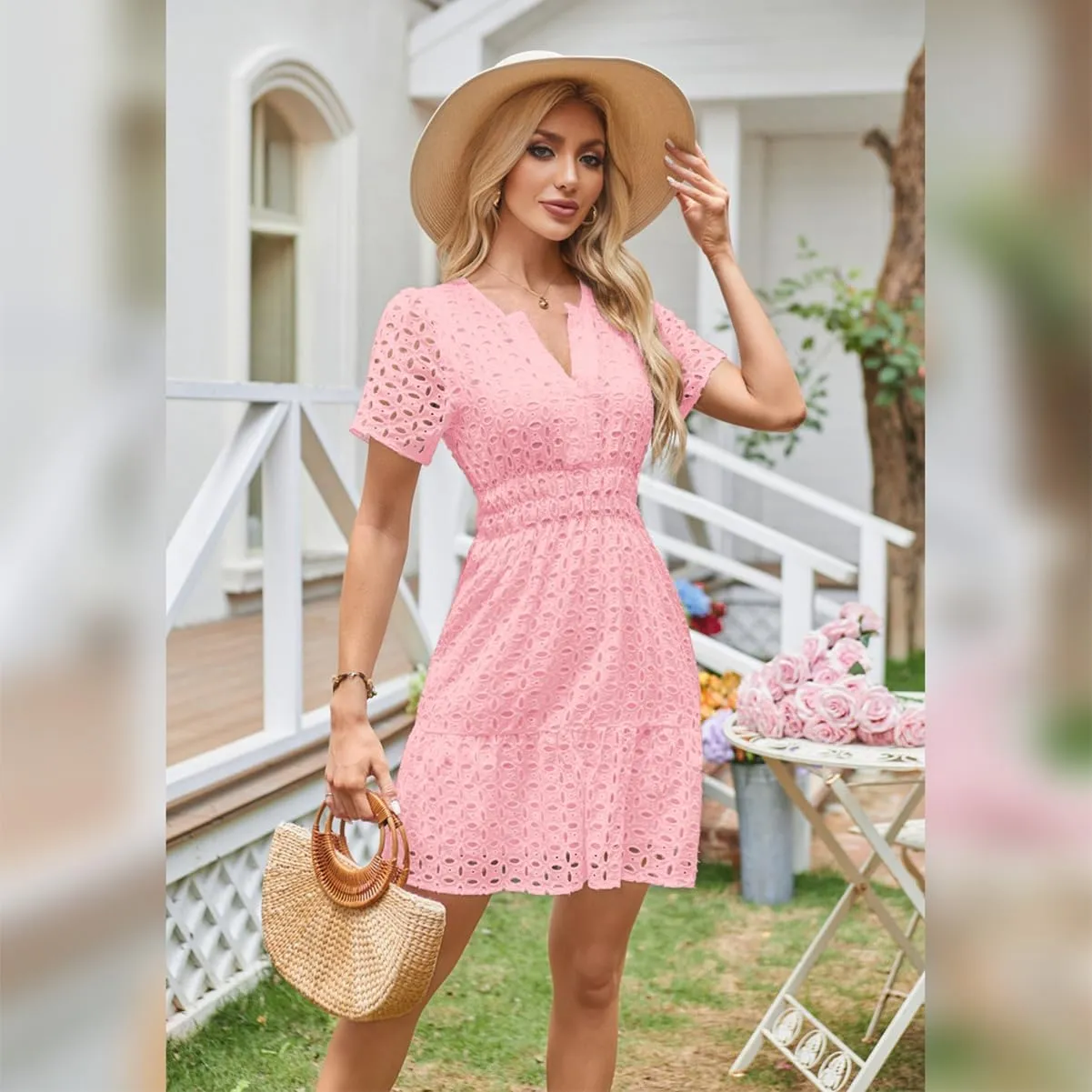 Women's 2024 Summer Short Sleeve Dress V Neck A Line Hollow Out Short Dress Cute Casual Beach Party Cocktail Dresses