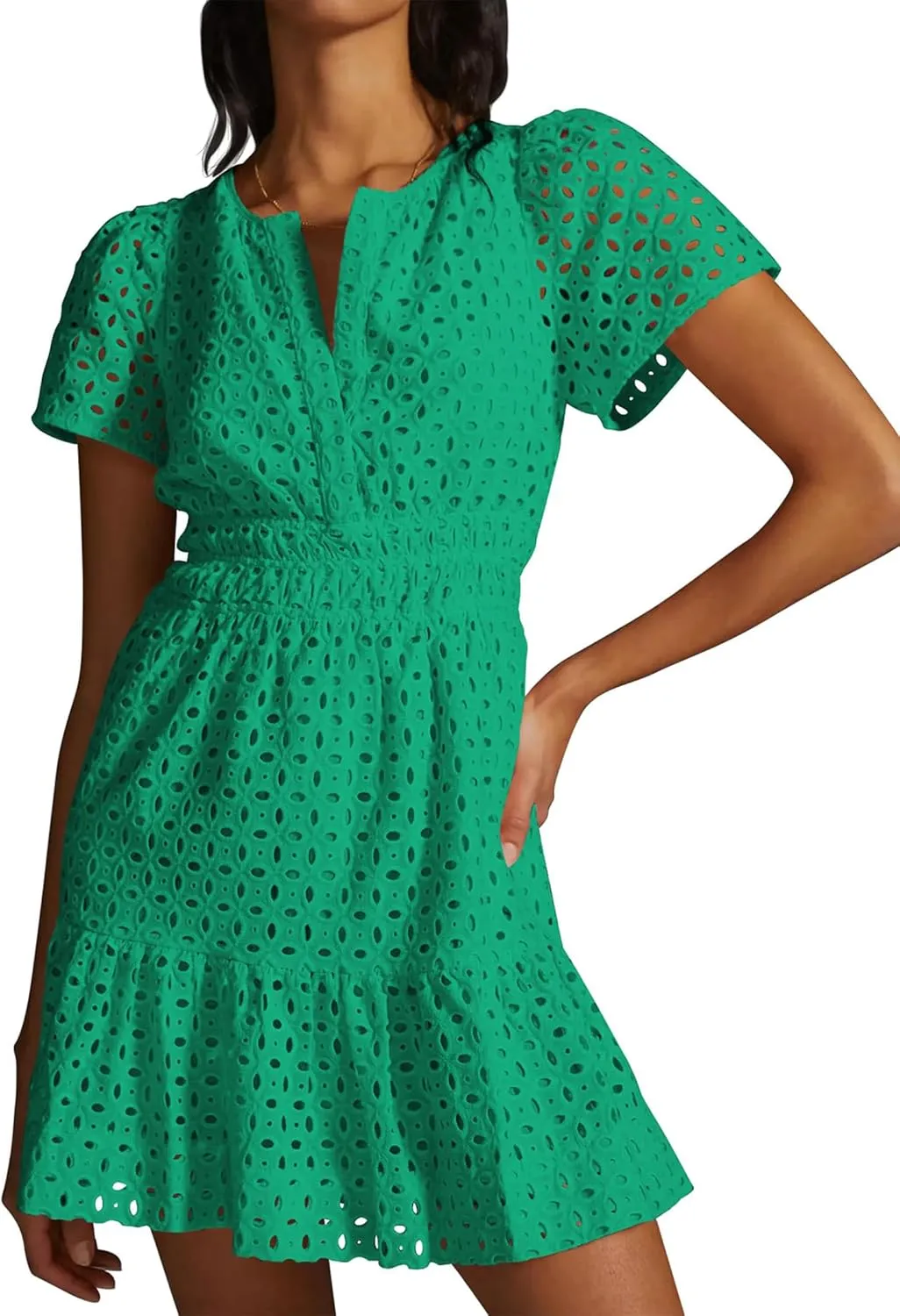 Women's 2024 Summer Short Sleeve Dress V Neck A Line Hollow Out Short Dress Cute Casual Beach Party Cocktail Dresses