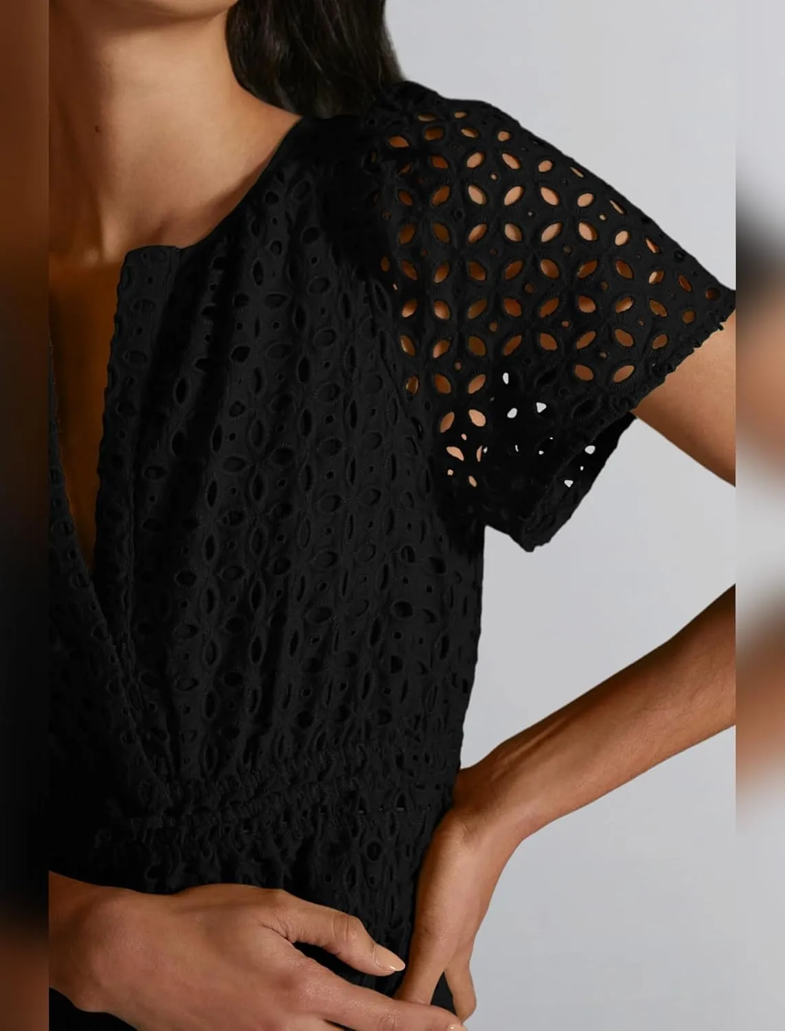 Women's 2024 Summer Short Sleeve Dress V Neck A Line Hollow Out Short Dress Cute Casual Beach Party Cocktail Dresses