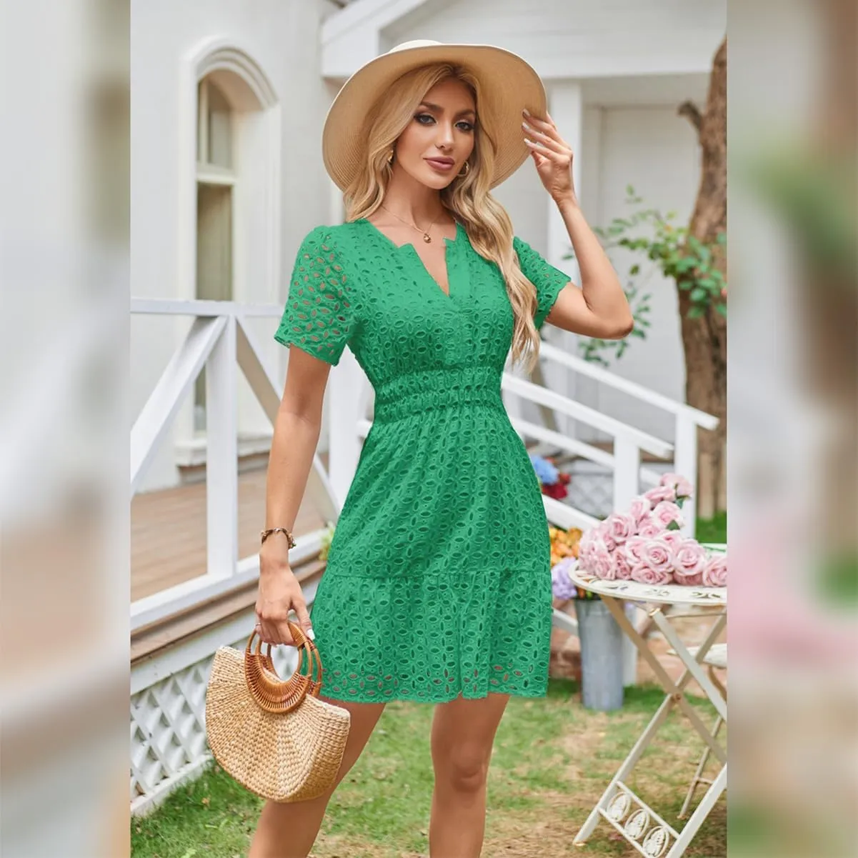 Women's 2024 Summer Short Sleeve Dress V Neck A Line Hollow Out Short Dress Cute Casual Beach Party Cocktail Dresses