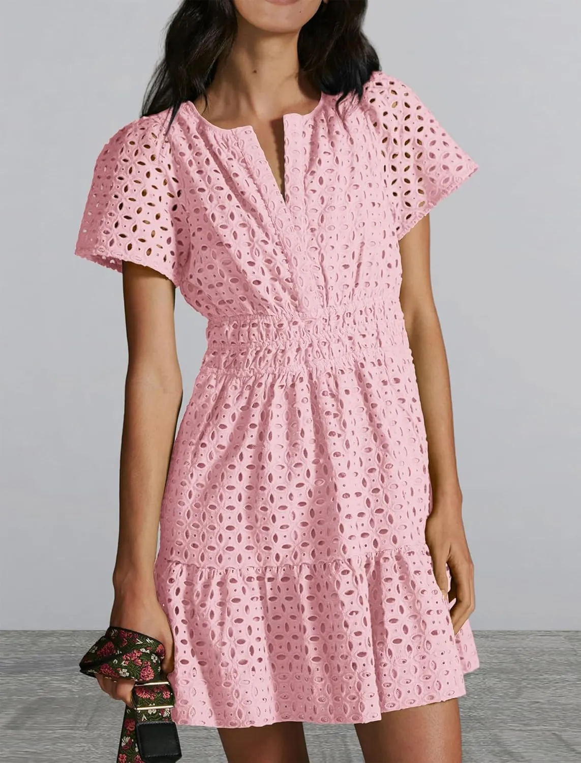 Women's 2024 Summer Short Sleeve Dress V Neck A Line Hollow Out Short Dress Cute Casual Beach Party Cocktail Dresses