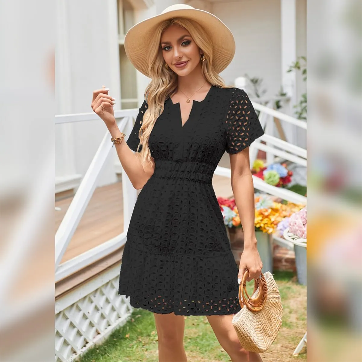 Women's 2024 Summer Short Sleeve Dress V Neck A Line Hollow Out Short Dress Cute Casual Beach Party Cocktail Dresses