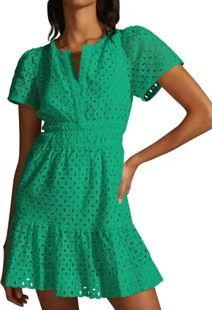 Women's 2024 Summer Short Sleeve Dress V Neck A Line Hollow Out Short Dress Cute Casual Beach Party Cocktail Dresses