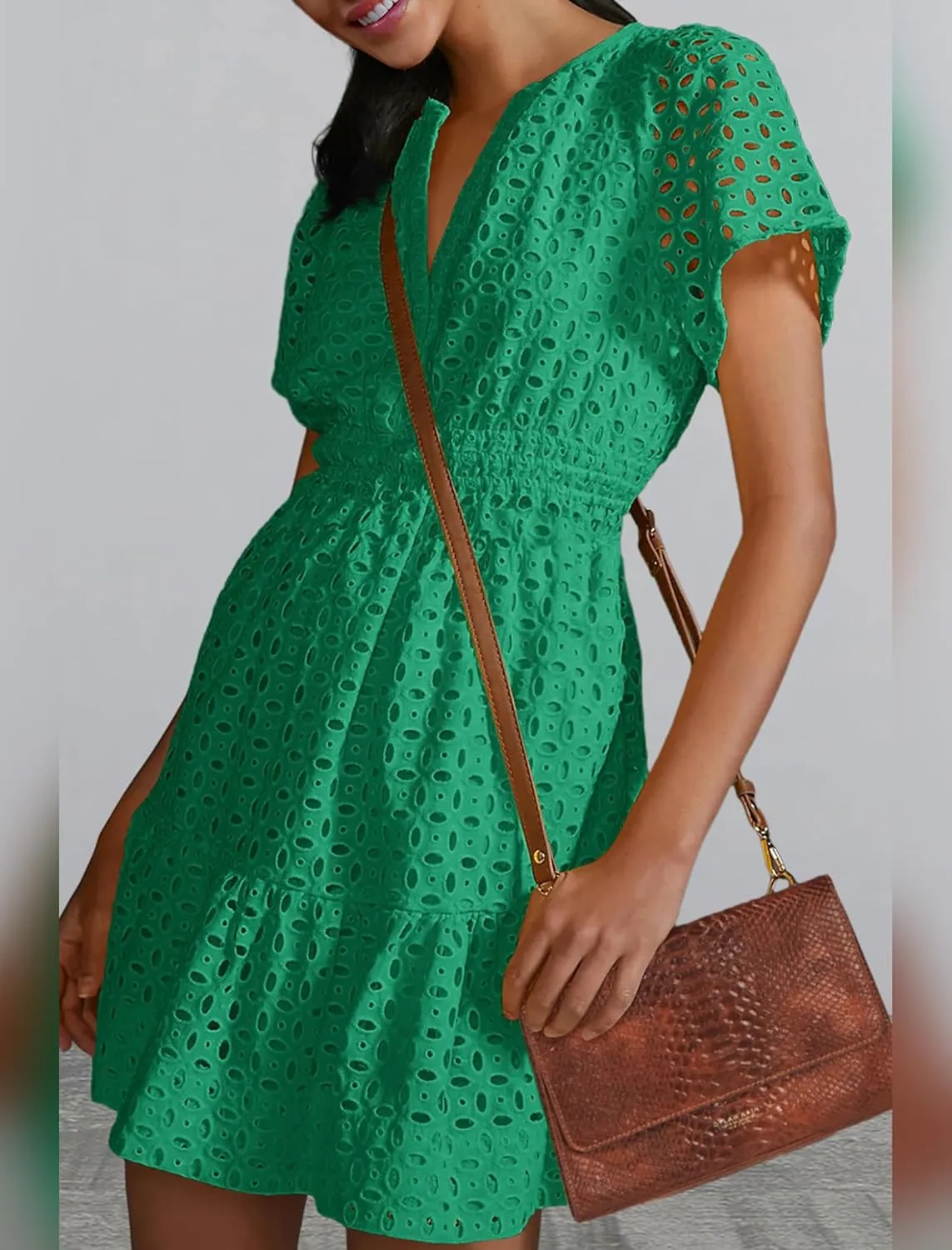 Women's 2024 Summer Short Sleeve Dress V Neck A Line Hollow Out Short Dress Cute Casual Beach Party Cocktail Dresses
