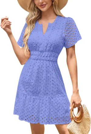 Women's 2024 Summer Short Sleeve Dress V Neck A Line Hollow Out Short Dress Cute Casual Beach Party Cocktail Dresses