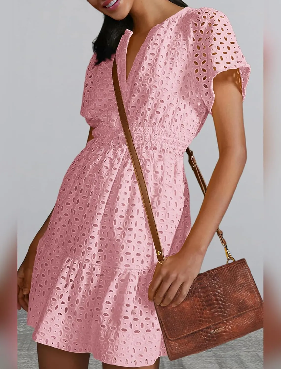 Women's 2024 Summer Short Sleeve Dress V Neck A Line Hollow Out Short Dress Cute Casual Beach Party Cocktail Dresses