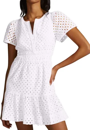 Women's 2024 Summer Short Sleeve Dress V Neck A Line Hollow Out Short Dress Cute Casual Beach Party Cocktail Dresses