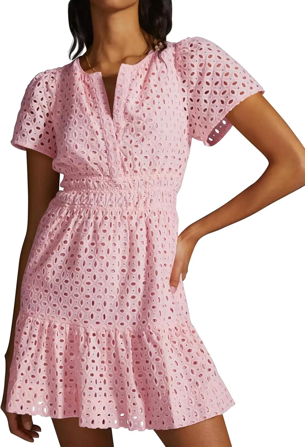 Women's 2024 Summer Short Sleeve Dress V Neck A Line Hollow Out Short Dress Cute Casual Beach Party Cocktail Dresses