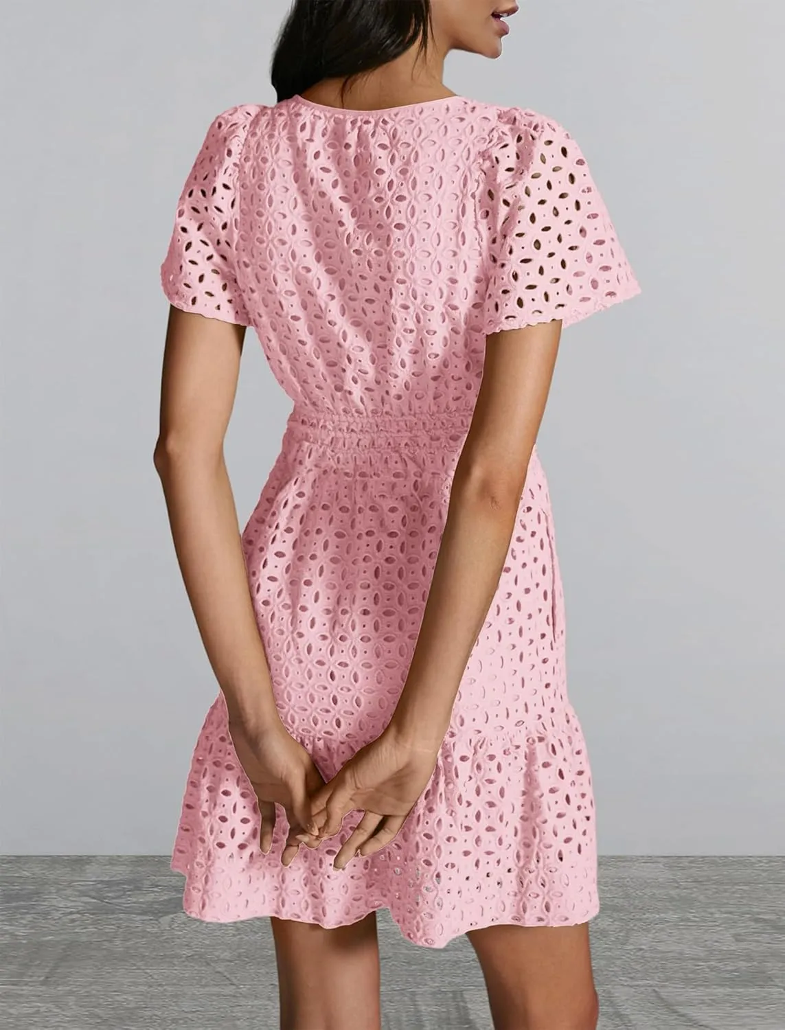 Women's 2024 Summer Short Sleeve Dress V Neck A Line Hollow Out Short Dress Cute Casual Beach Party Cocktail Dresses