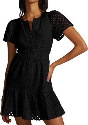 Women's 2024 Summer Short Sleeve Dress V Neck A Line Hollow Out Short Dress Cute Casual Beach Party Cocktail Dresses