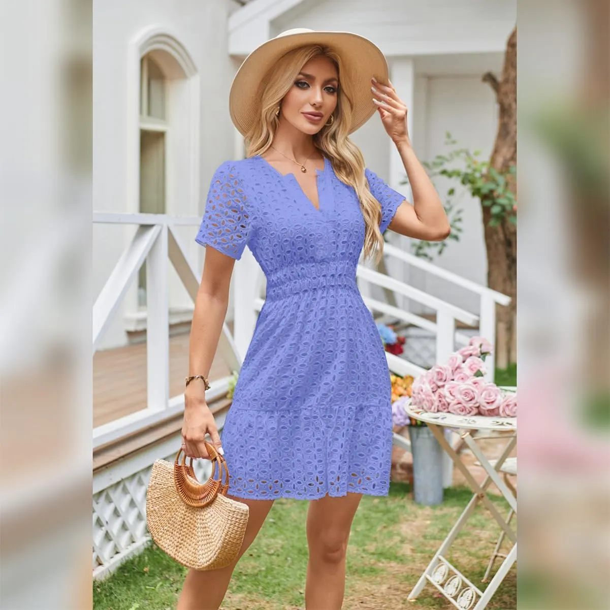 Women's 2024 Summer Short Sleeve Dress V Neck A Line Hollow Out Short Dress Cute Casual Beach Party Cocktail Dresses