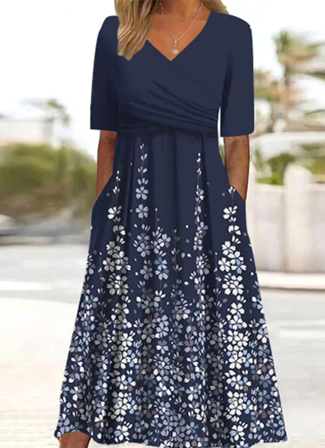 Womens 2025 Fashion Outfits Plant Print Side Pocket Midi Dress Stylish V Neck Midi Dress