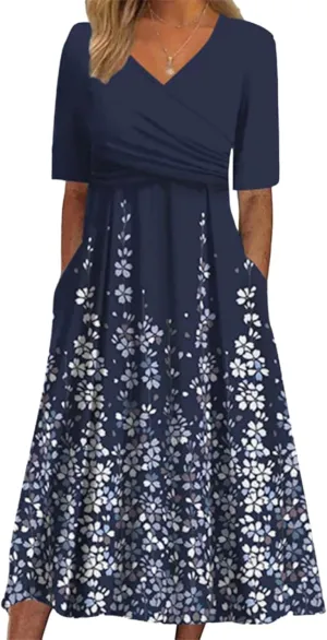 Womens 2025 Fashion Outfits Plant Print Side Pocket Midi Dress Stylish V Neck Midi Dress