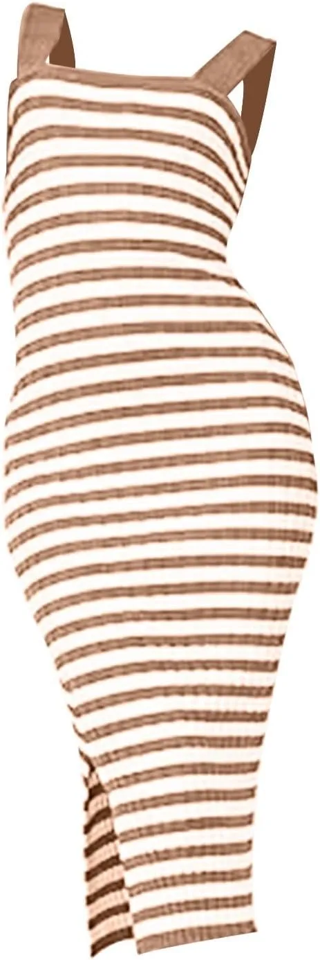 Women's 2025 Summer Spring Bodycon Midi Dress Vacation Sleeveless Ribbed Knit Striped Party Sweater Dresses