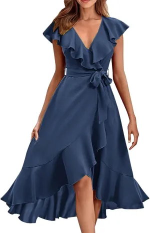 Women's 2025 Summer Wrap Midi Dress Casual Boho Deep V Neck Short Sleeve Ruffle Hem Split Beach Elegance Long Dresses