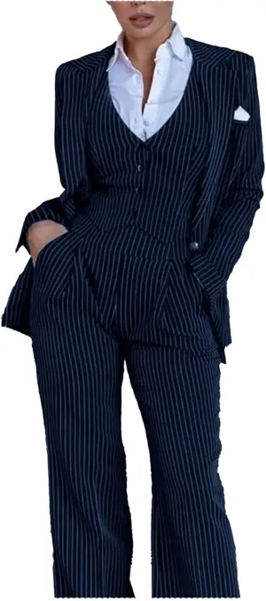 Women's 3 Piece Stripes Suit Set Slim Fit Blazer Jacket Vest Pant Business Outfits