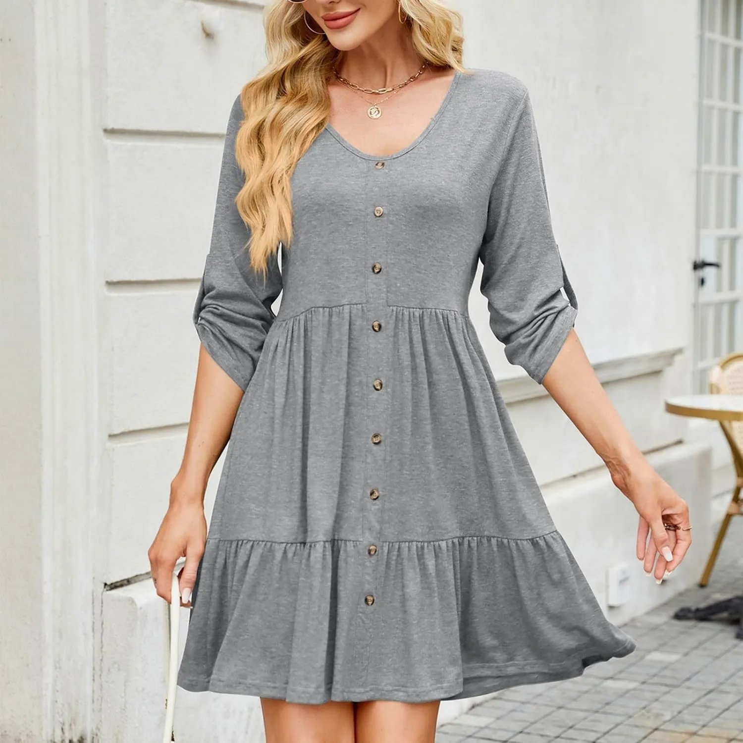Womens 3/4 Ruffle Sleeve Mini Dress 2025 Spring Swing V Neck Vacation Beach Dresses Cute Babydoll Short Sundress