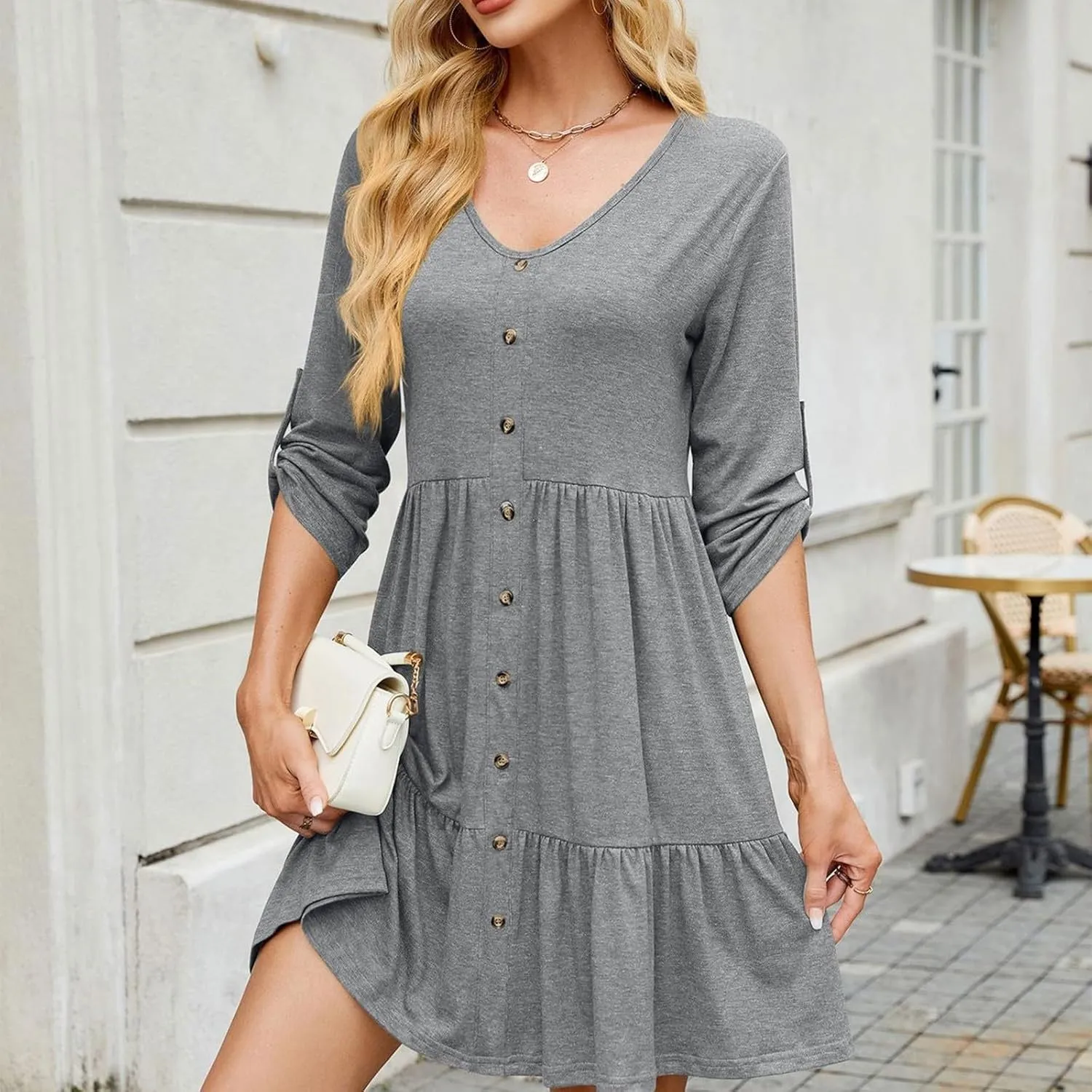 Womens 3/4 Ruffle Sleeve Mini Dress 2025 Spring Swing V Neck Vacation Beach Dresses Cute Babydoll Short Sundress