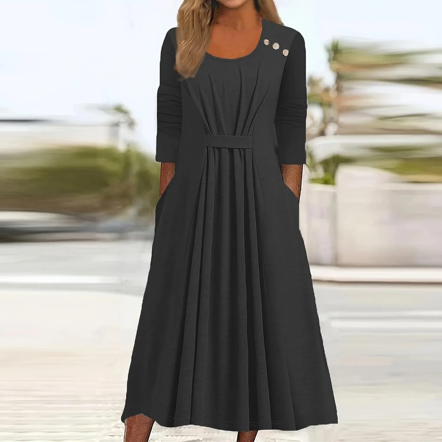 Women's 3/4 Sleeve A-line Flare Midi Long Dress Plus Size 2025 Fashion Swing Irregular Hem A Line Flowy Pleated Dress