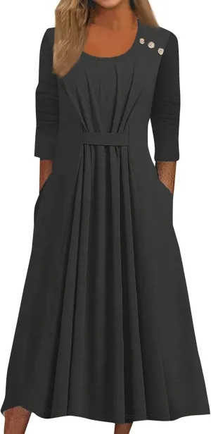 Women's 3/4 Sleeve A-line Flare Midi Long Dress Plus Size 2025 Fashion Swing Irregular Hem A Line Flowy Pleated Dress