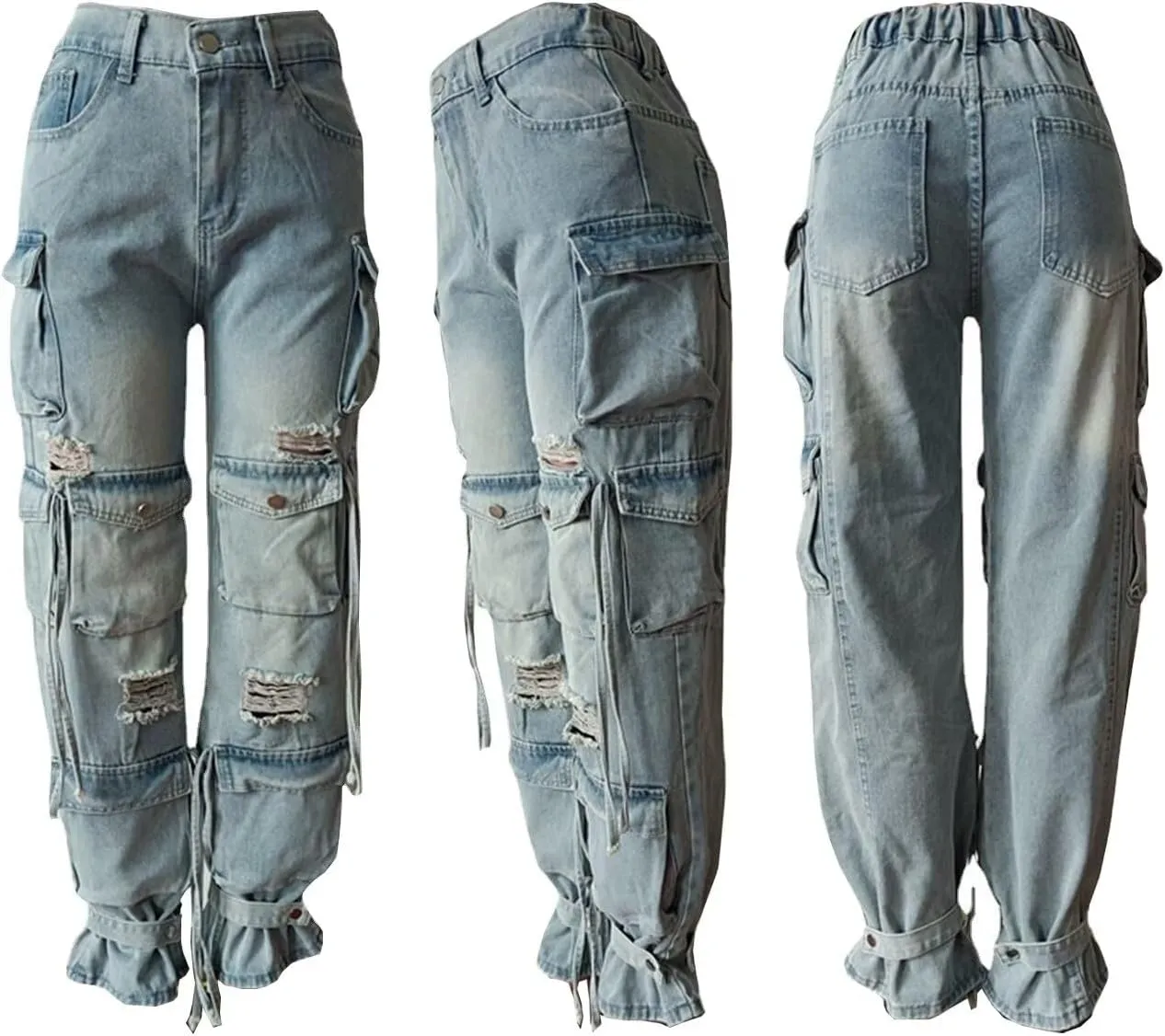 Women's Baggy Cargo Jean High Waisted Y2K Distressed Wide Leg Denim Pants with Multi Pockets Streetwear