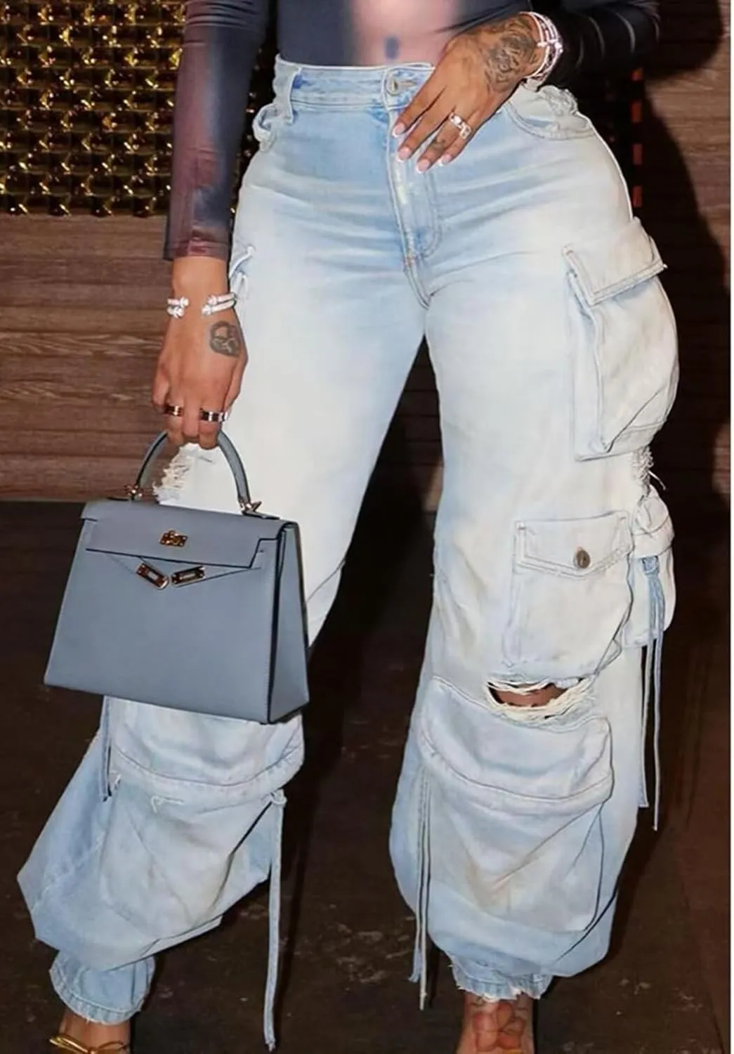 Women's Baggy Cargo Jean High Waisted Y2K Distressed Wide Leg Denim Pants with Multi Pockets Streetwear