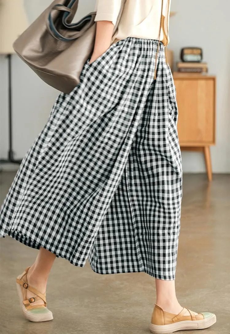 Women's Baggy Plaid Cotton Linen Pants Elastic Waist Gingham Wide Leg Palazzo Capri Pants