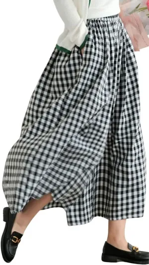 Women's Baggy Plaid Cotton Linen Pants Elastic Waist Gingham Wide Leg Palazzo Capri Pants