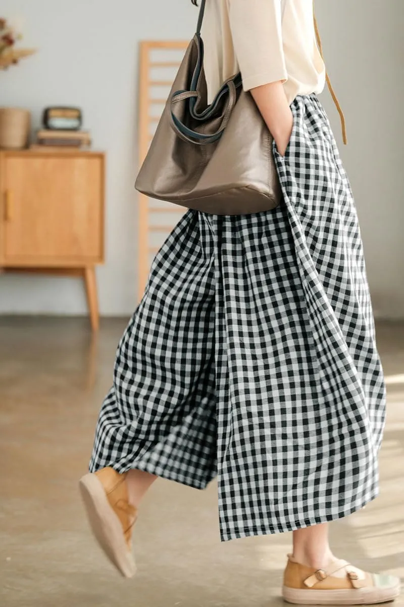 Women's Baggy Plaid Cotton Linen Pants Elastic Waist Gingham Wide Leg Palazzo Capri Pants