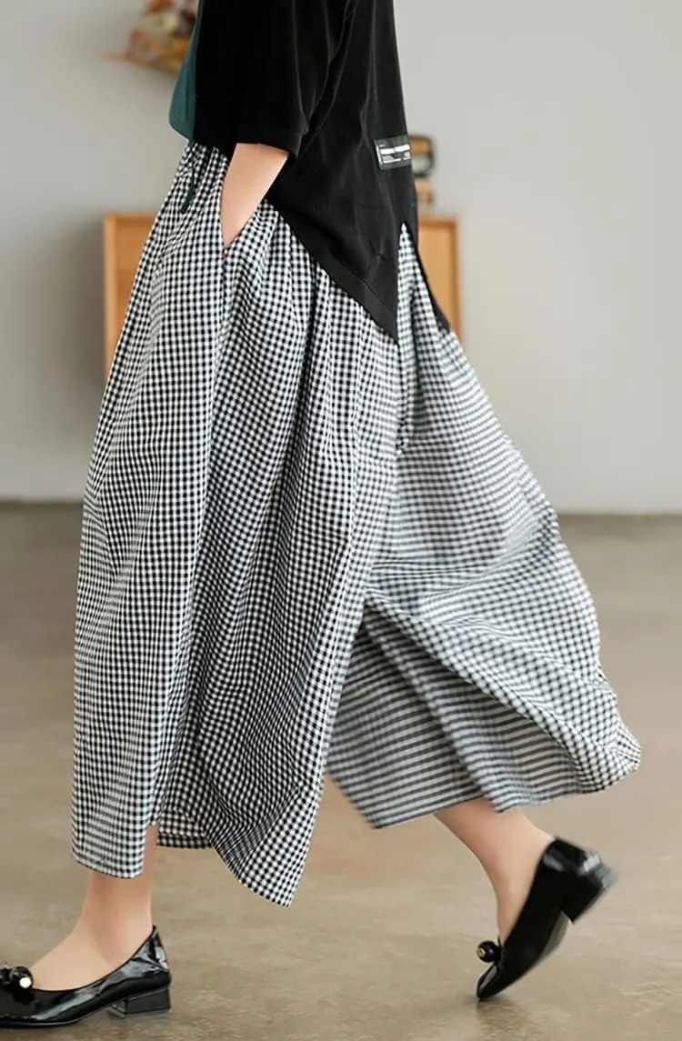Women's Baggy Plaid Cotton Linen Pants Elastic Waist Gingham Wide Leg Palazzo Capri Pants
