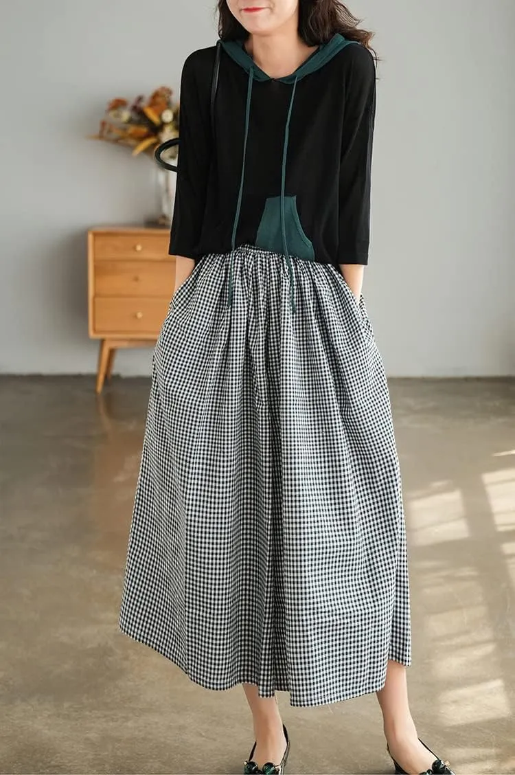 Women's Baggy Plaid Cotton Linen Pants Elastic Waist Gingham Wide Leg Palazzo Capri Pants