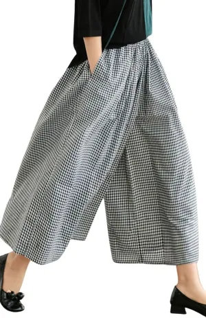 Women's Baggy Plaid Cotton Linen Pants Elastic Waist Gingham Wide Leg Palazzo Capri Pants