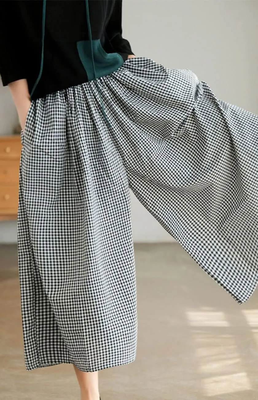 Women's Baggy Plaid Cotton Linen Pants Elastic Waist Gingham Wide Leg Palazzo Capri Pants