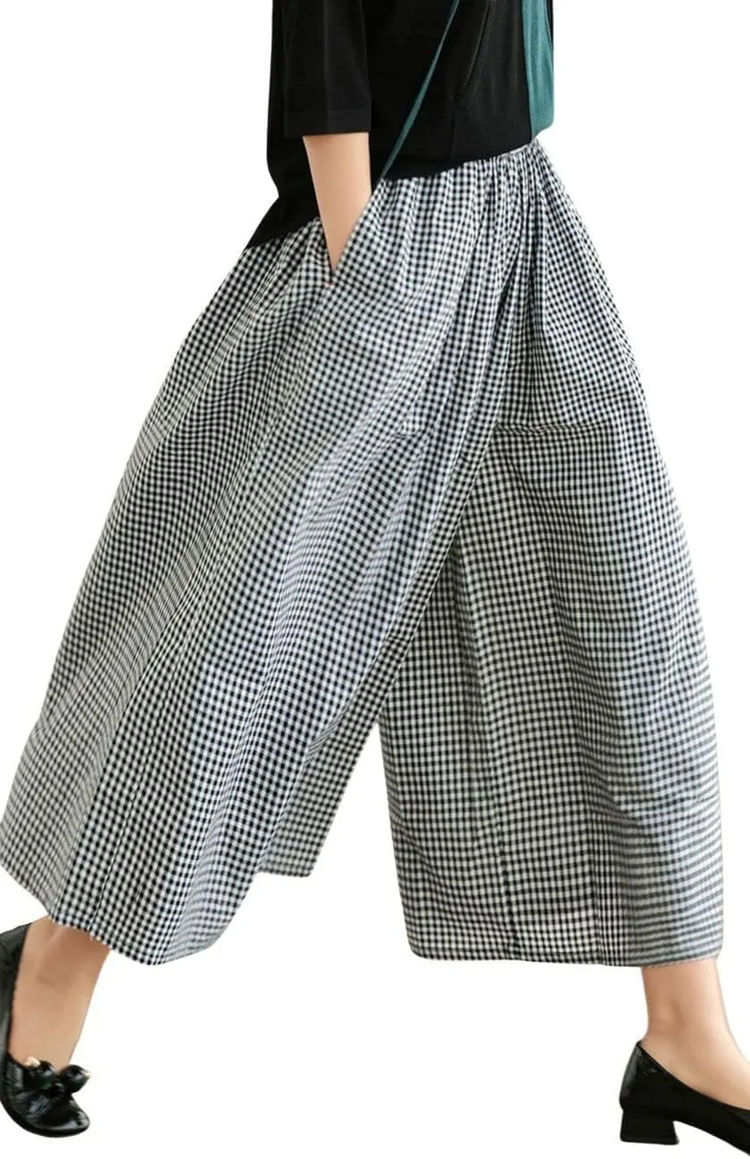 Women's Baggy Plaid Cotton Linen Pants Elastic Waist Gingham Wide Leg Palazzo Capri Pants
