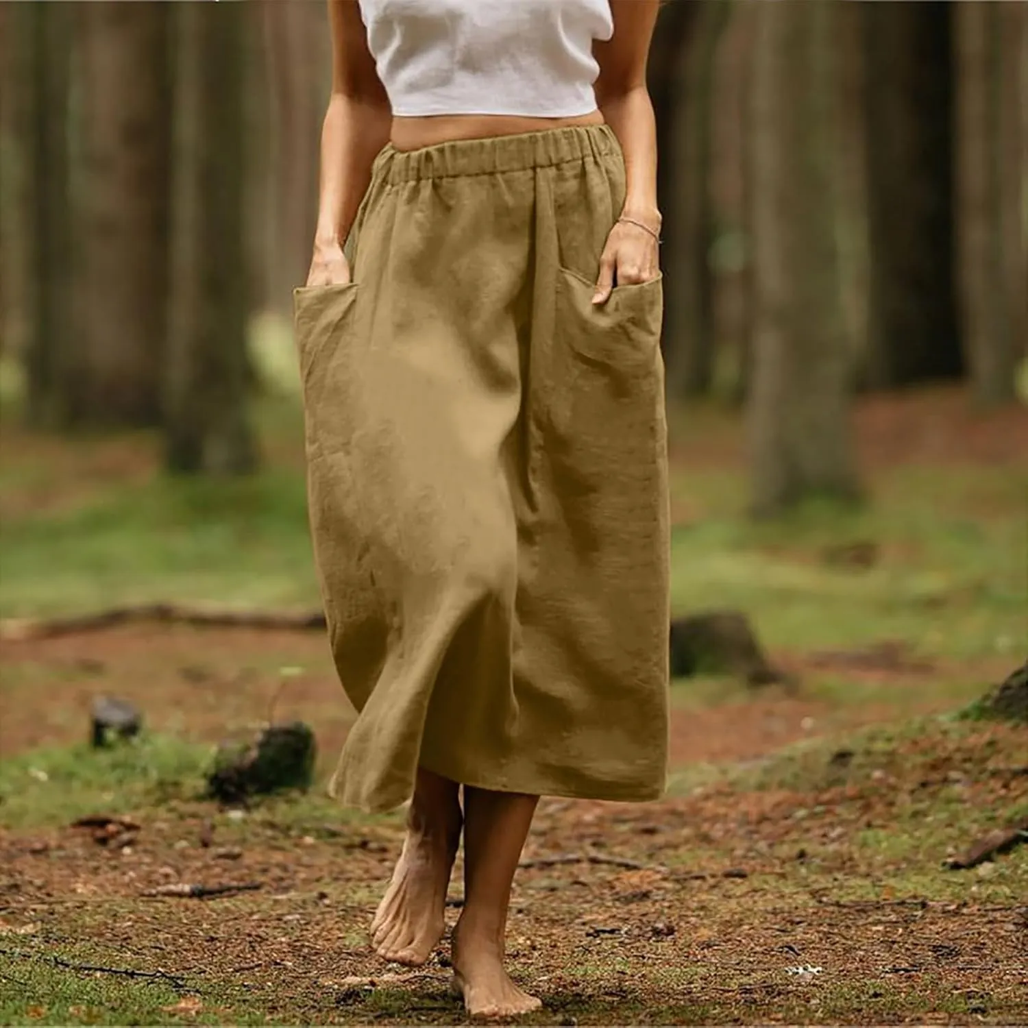 Womens Beach Skirts Summer Comfy Cotton Linen Skirts Basic Solid Color Elastic Waist A-Line Midi Skirts with Pockets