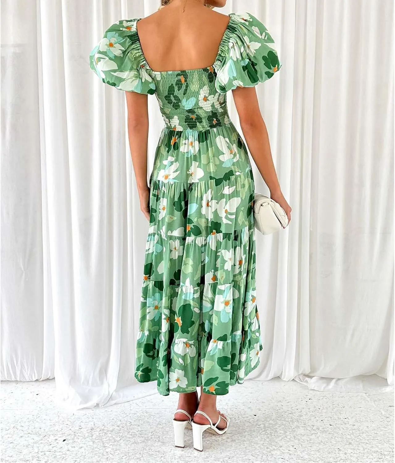 Womens Boho Floral Dress Long Square Neck Puff Short Sleeve Dress Casual Flowy Beach Vacation Sundress