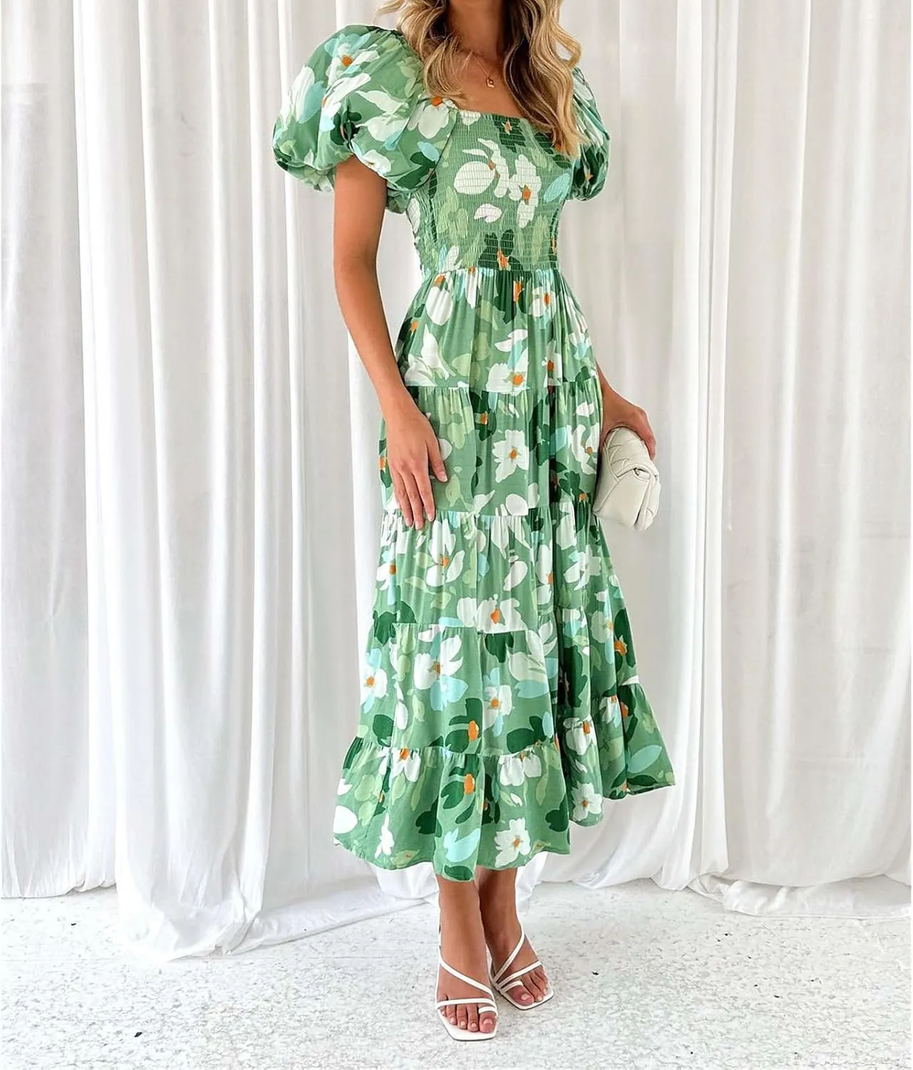Womens Boho Floral Dress Long Square Neck Puff Short Sleeve Dress Casual Flowy Beach Vacation Sundress