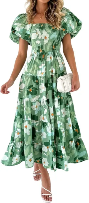 Womens Boho Floral Dress Long Square Neck Puff Short Sleeve Dress Casual Flowy Beach Vacation Sundress