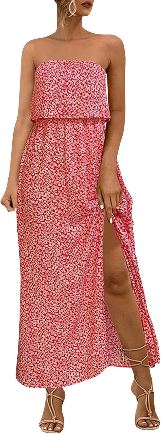 Women's Boho Floral Print Off Shoulder Split Long A Line Dress Floral Short Sleeve A Line Beach Vacation Dresses
