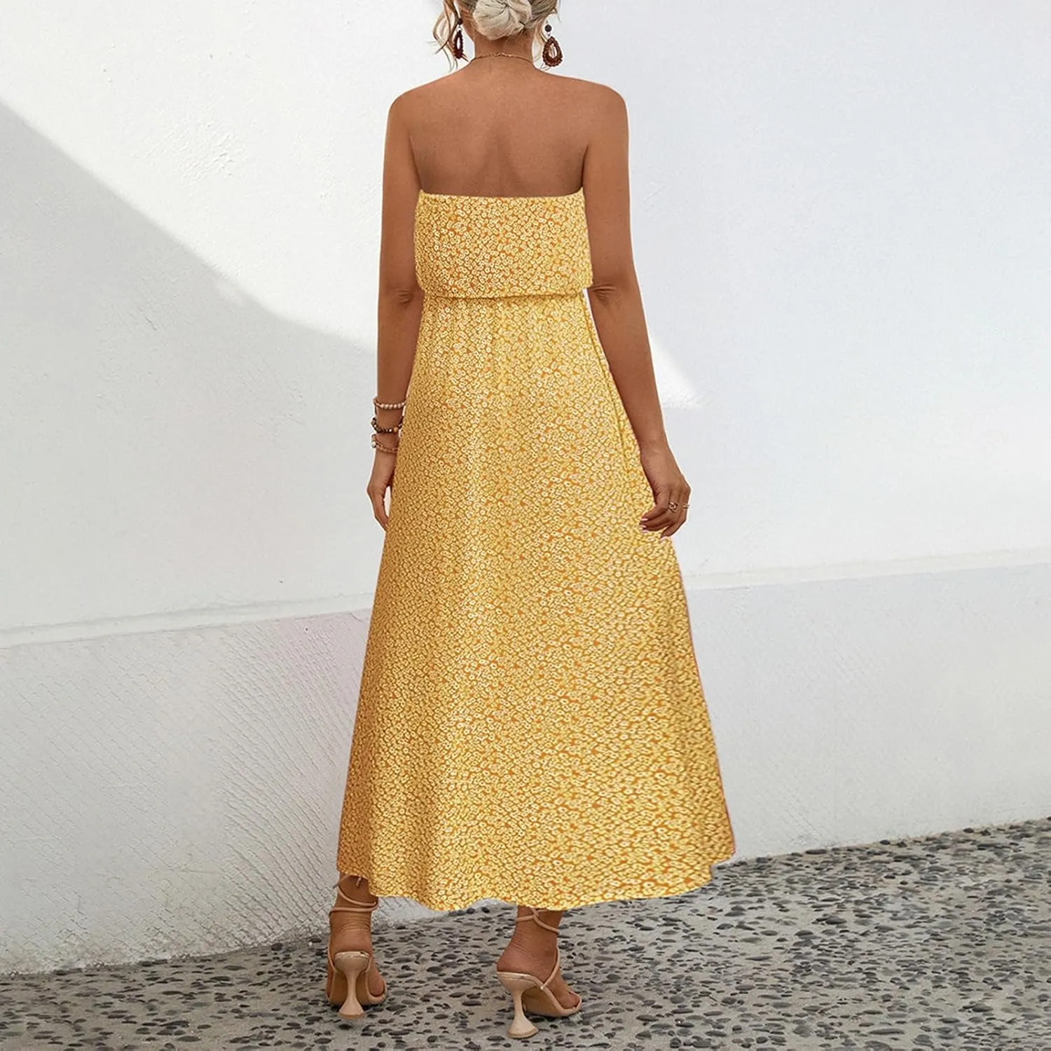 Women's Boho Floral Print Off Shoulder Split Long A Line Dress Floral Short Sleeve A Line Beach Vacation Dresses