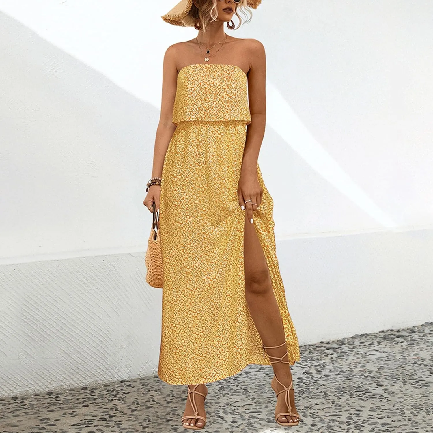 Women's Boho Floral Print Off Shoulder Split Long A Line Dress Floral Short Sleeve A Line Beach Vacation Dresses