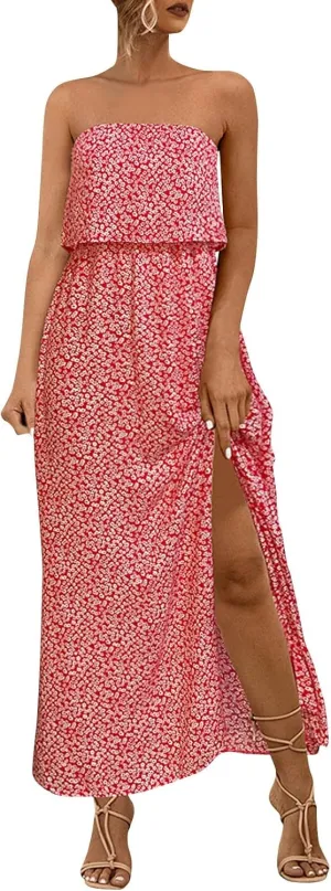 Women's Boho Floral Print Off Shoulder Split Long A Line Dress Floral Short Sleeve A Line Beach Vacation Dresses