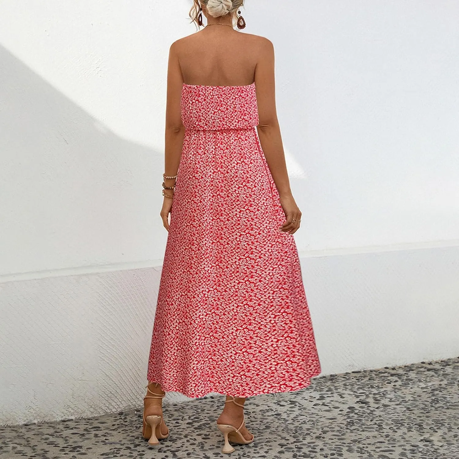 Women's Boho Floral Print Off Shoulder Split Long A Line Dress Floral Short Sleeve A Line Beach Vacation Dresses