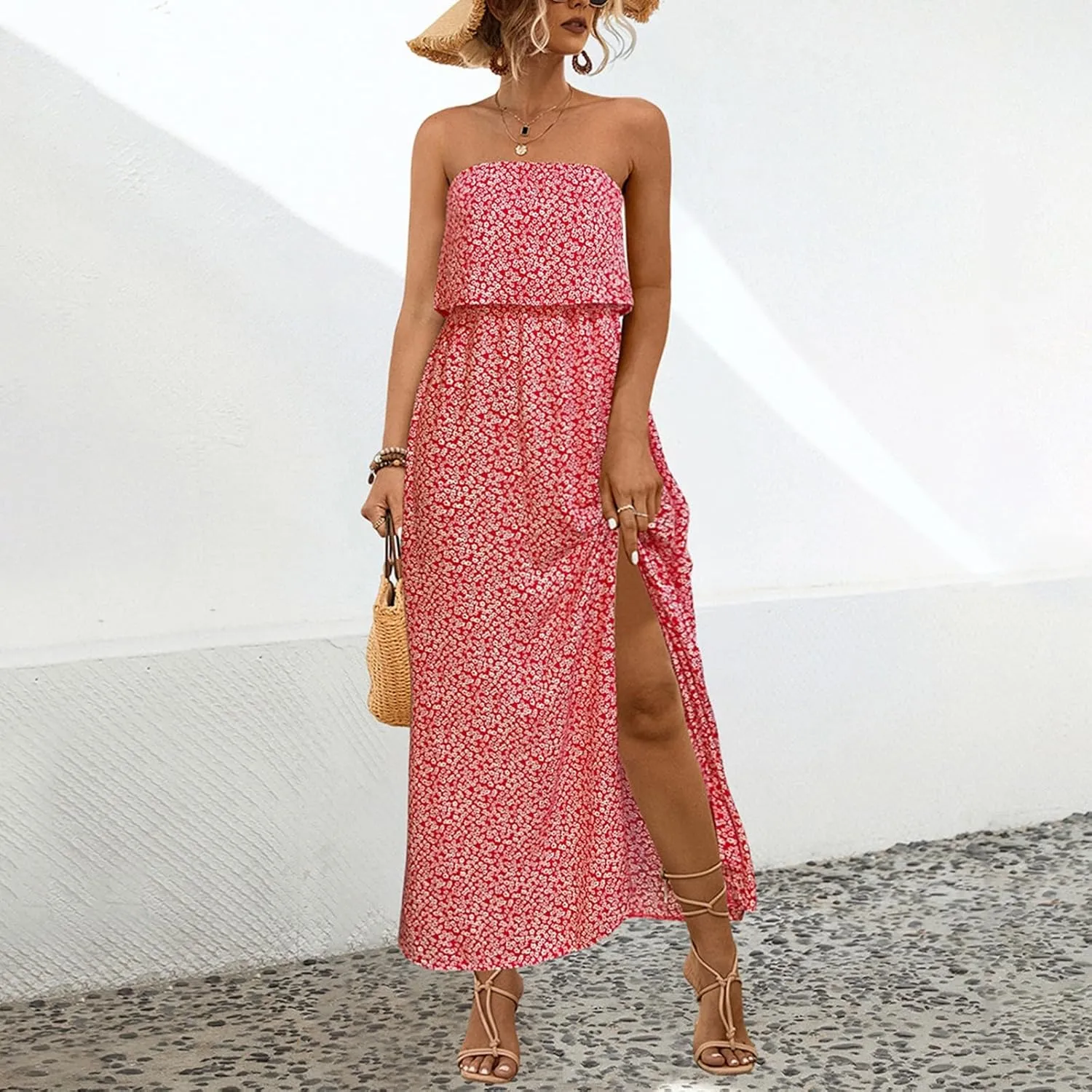 Women's Boho Floral Print Off Shoulder Split Long A Line Dress Floral Short Sleeve A Line Beach Vacation Dresses