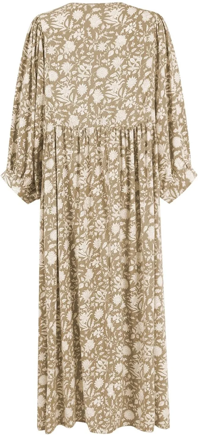 Womens Boho Maxi Dresses Summer Floral 3/4 Puff Sleeve Flowy Swing Tiered Long Beach Sundresses Vacation Outfits