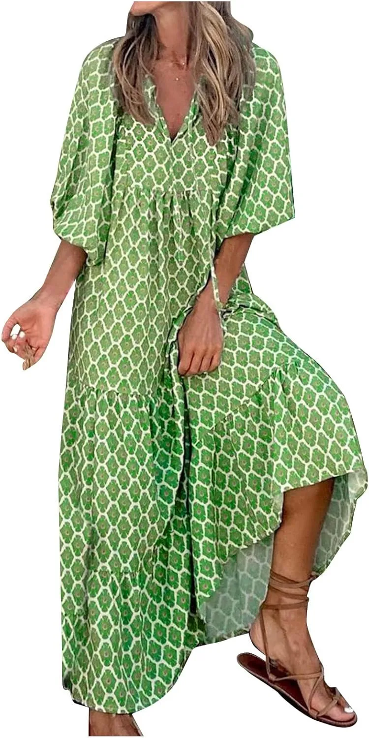 Womens Boho Maxi Dresses Summer Floral 3/4 Puff Sleeve Flowy Swing Tiered Long Beach Sundresses Vacation Outfits