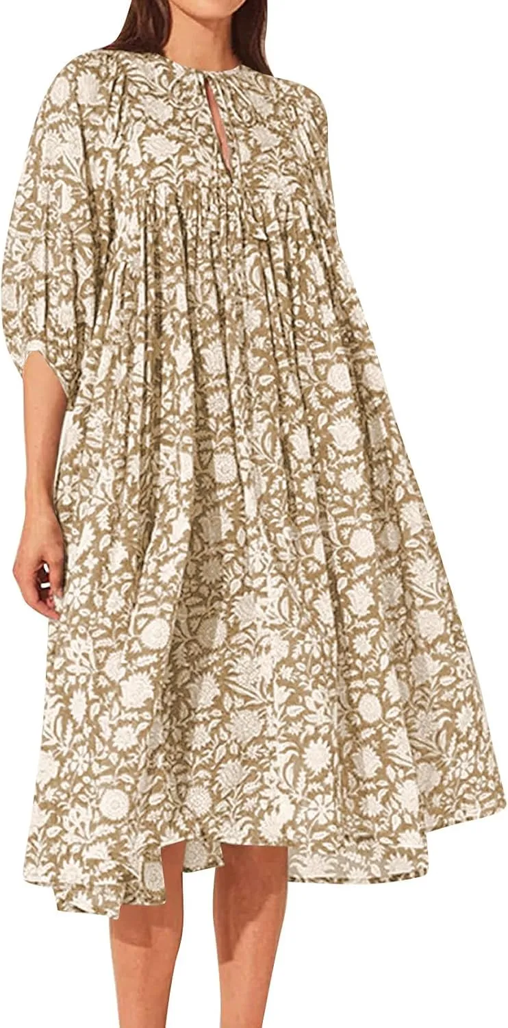 Womens Boho Maxi Dresses Summer Floral 3/4 Puff Sleeve Flowy Swing Tiered Long Beach Sundresses Vacation Outfits
