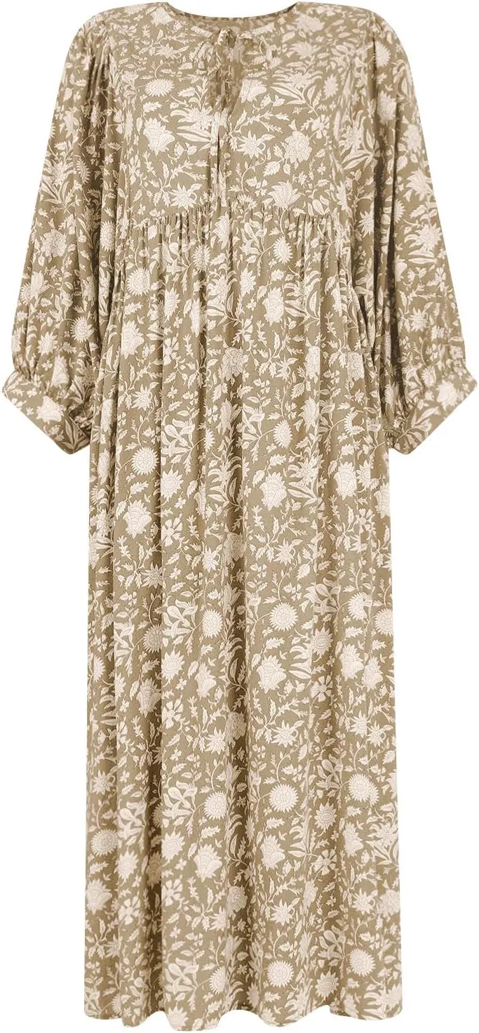 Womens Boho Maxi Dresses Summer Floral 3/4 Puff Sleeve Flowy Swing Tiered Long Beach Sundresses Vacation Outfits