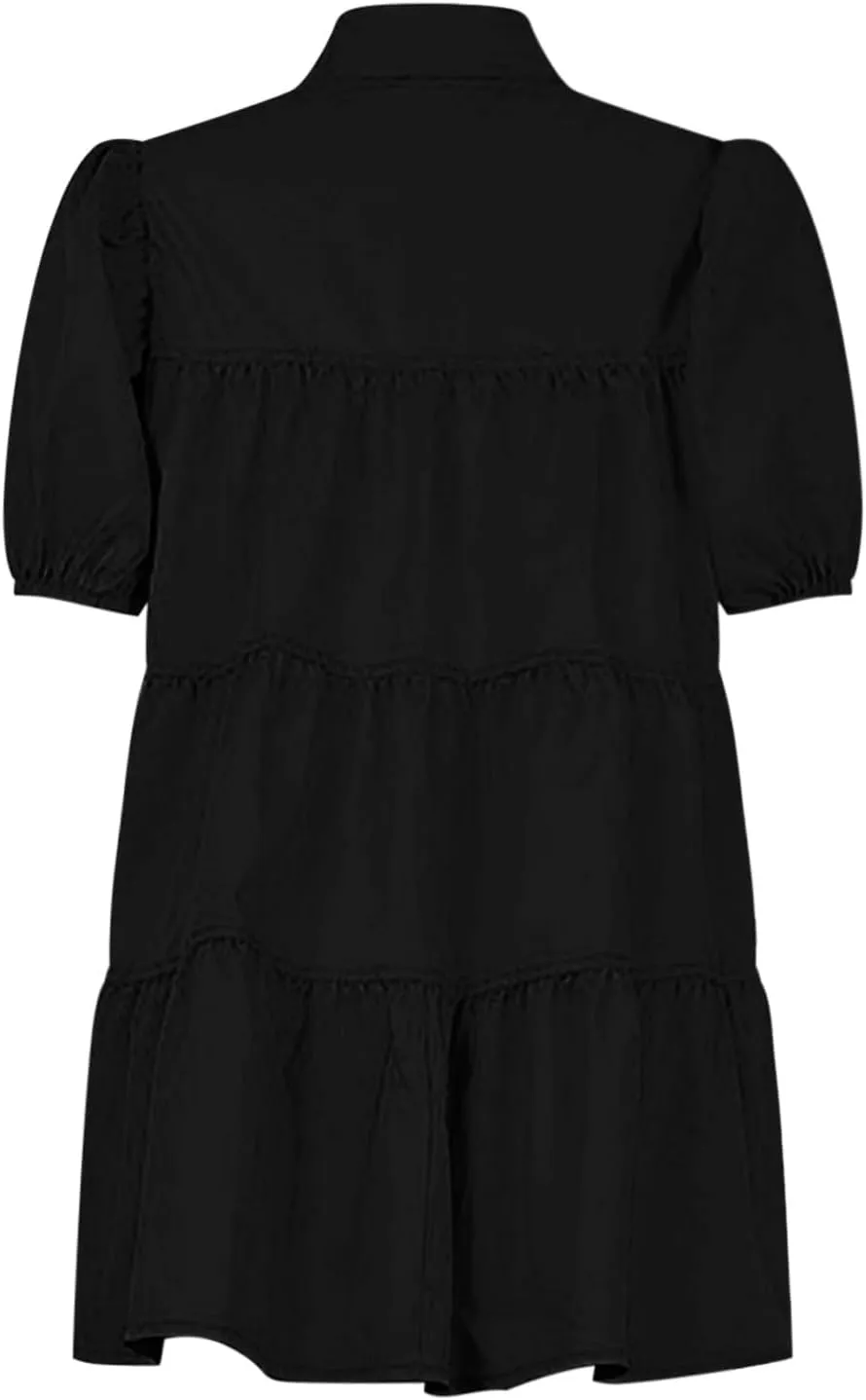 Women's Callor Button Down Puff Short Sleeve Ruffle Hem Loose Mini Dress Lined Midi Dress