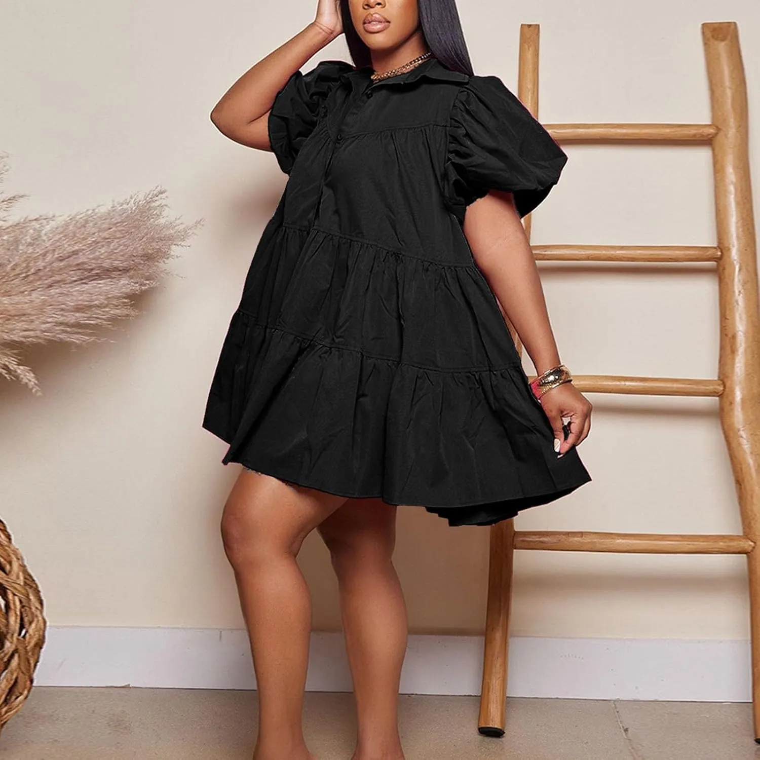 Women's Callor Button Down Puff Short Sleeve Ruffle Hem Loose Mini Dress Lined Midi Dress